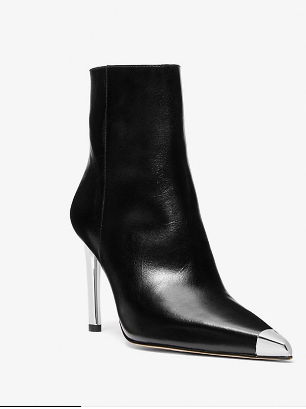 Michael Kors Black Leather Pointed Ankle Boot with Silver Cap Heel